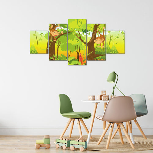 Runa Art Bild Spielzimmer Baby Tiere Dschungel 5 Teilig Kinderzimmer Bunt Wandbilder auf Vlies Leinwand 001853b