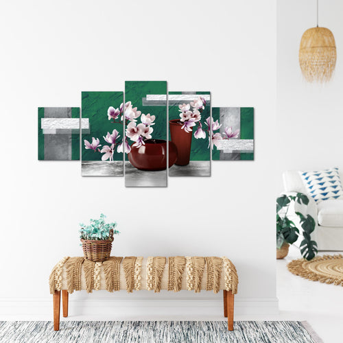 Runa Art - Bilder Blumen Abstrakt 200 x 100 cm 5 Teilig XXL Wanddekoration Design Türkis Grau 035251b
