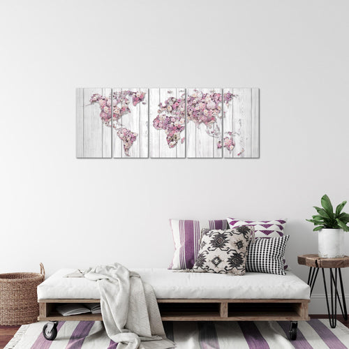 Runa Art Bild Weltkarte Blumen Wandbilder auf Vlies Leinwand 5 Teilig Wanddekoration Wohnzimmer Schlafzimmer 023256b