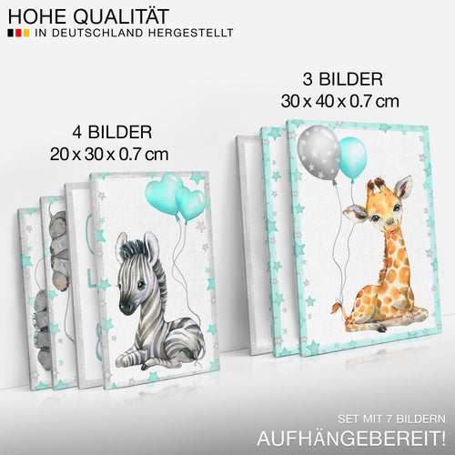 Novart Wandbilder Tiere - KOMPLETT AUFHÄNGFERTIG - Afrika Blau Kinderzimmer Mädchen Junge - 7 Moderne Mood-Bilder - N016671b