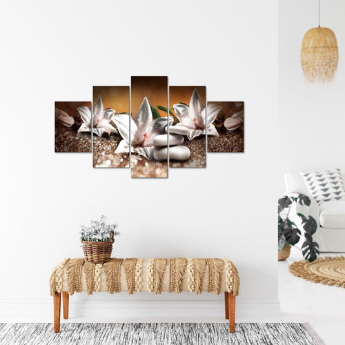 Runa Art Bild Wohnzimmer Schlafzimmer Blumen Lilien 5 Teilig Abstrakt Beige Braun Wandbilder auf Vlies Leinwand 035853a