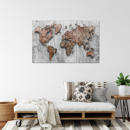 Runa Art Wandbilder Weltkarte 3D Effekt Bild XXL Büro Wohnzimmer Grau Kontinente Stein 120 x 80 cm 3 Teilig 107731a