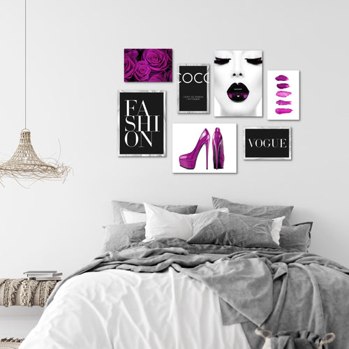 Novart Wandbilder Fashion - KOMPLETT AUFHÄNGFERTIG - Schwarz Weiss Violett Wohnzimmer Mädchen Teenager - 7 Moderne Mood-Bilder - N002271c