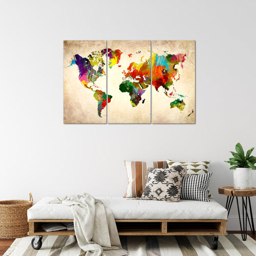 Runa Art Wandbilder Weltkarte Bild XXL Büro Wohnzimmer Bunt Kontinente Landkarte 120 x 80 cm 3 Teilig 105131a