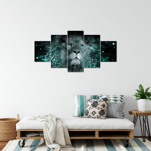 Runa Art Bild Wohnzimmer Schlafzimmer Afrika Löwe 5 Teilig Abstrakt Tiere Schwarz Türkis Wandbilder auf Vlies Leinwand 040753b