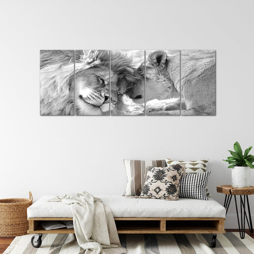 Runa Art Wandbild XXL Löwen Liebe Wohnzimmer Schlafzimmer 200 x 80 cm Schwarz Weiss 5 Teilig - Made in Germany - 002155c