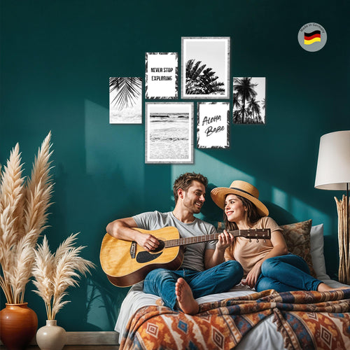 Novart Wandbilder Set Palmen Schwarz Weiss - KEIN EXTRA RAHMEN BENÖTIGT -  Modern Deko  - Wohnzimmer Schlafzimmer N013963a