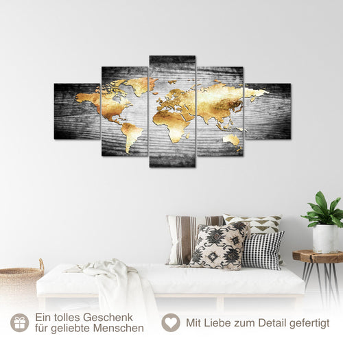 Runa Art - Bilder Weltkarte 200L x 100B cm 5 Teilig XXL Wanddekoration Design Weltkarte Gold 057651a