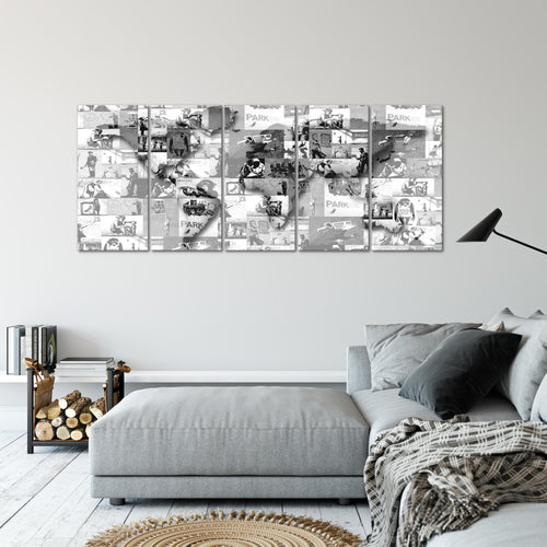 Runa Art Wandbild XXL Weltkarte Banksy Collage Loft Wohnzimmer 200 x 80 cm Grau 5 Teilig - Made in Germany - 104555c