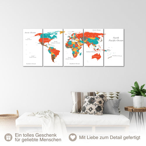 Runa Art Wandbilder XXL Weltkarte Wohnzimmer Schlafzimmer Büro 200L x 80B cm Weltkarte 5 Teilig - Made in Germany - 057255a