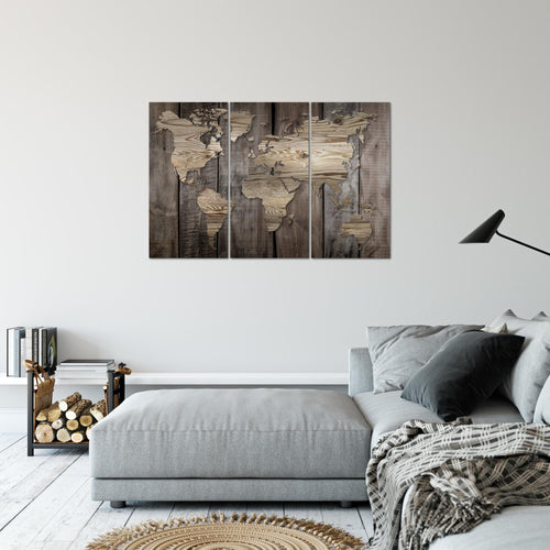 Runa Art Wandbilder Weltkarte Bild XXL Büro Wohnzimmer Beige Braun Holzoptik 120 x 80 cm 3 Teilig 035031b
