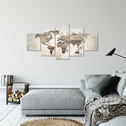 Runa Art Bild Büro Wohnzimmer Weltkarte 5 Teilig Abstrakt Beige Braun Wandbilder auf Vlies Leinwand 035053a