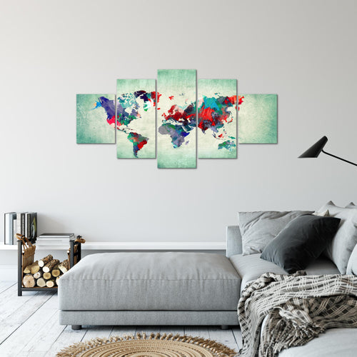 Runa Art Bild Büro Wohnzimmer Weltkarte 5 Teilig Kontinente Bunt Grün Wandbilder auf Vlies Leinwand 105153b