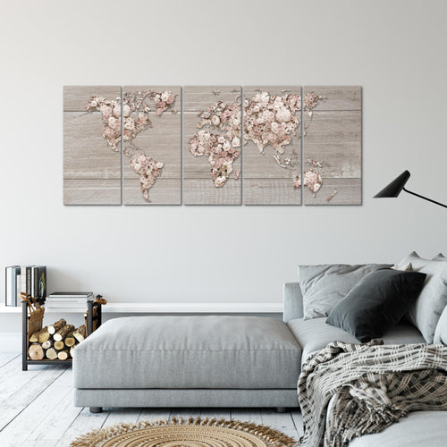 Runa Art Wandbild XXL Weltkarte Blumen Wohnzimmer Schlafzimmer 200 x 80 cm Beige Braun 5 Teilig - Made in Germany - 023255c