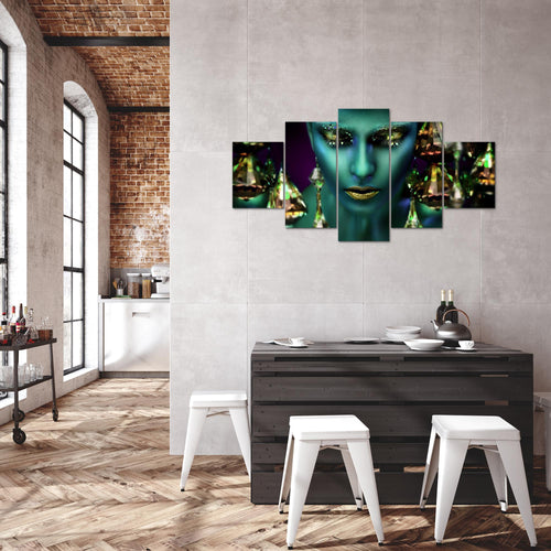 Runa Art Bild Wohnzimmer Schlafzimmer Frau Gesicht Lippen 5 Teilig Kosmetik Fashion Türkis Gold Wandbilder auf Vlies Leinwand 042153a