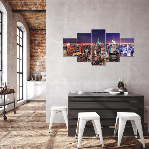 Runa Art Bild Wohnzimmer Büro New York Skyline 5 Teilig Städte Violett Lila Wandbilder auf Vlies Leinwand 036253a