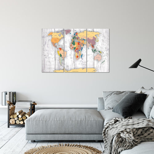 Runa Art Wandbilder Weltkarte Holz Bild XXL Büro Wohnzimmer Weiss Kontinente 120 x 80 cm 3 Teilig 108731c