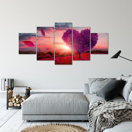 Runa Art - Bilder Herbst Baum Herz 200 x 100 cm 5 Teilig XXL Wanddekoration Design Lila Violett 605851b