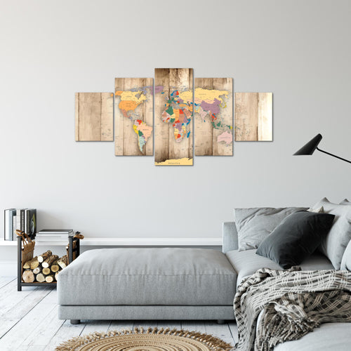 Runa Art Bild Büro Wohnzimmer Weltkarte Holz 5 Teilig Kontinente Biege Wandbilder auf Vlies Leinwand 108753a