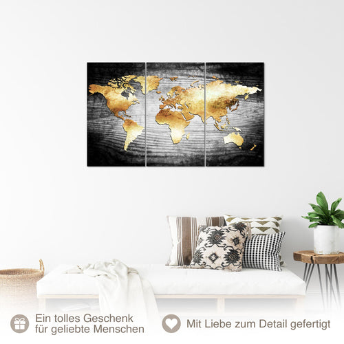 Runa Art Wandbilder Weltkarte Bild XXL Wohnzimmer Schlafzimmer Büro Weltkarte Gold 40 x 80 cm - 3 Bilder 3 Teilig 057631a