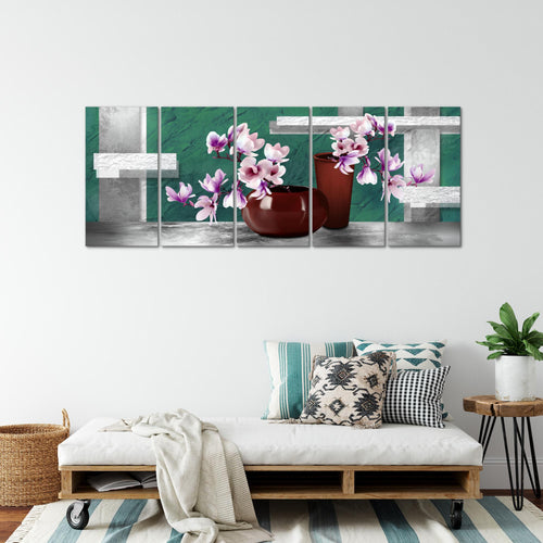 Runa Art Wandbild XXL Blumen Abstrakt Wohnzimmer Schlafzimmer 200 x 80 cm Türkis Grau 5 Teilig - Made in Germany - 035255b