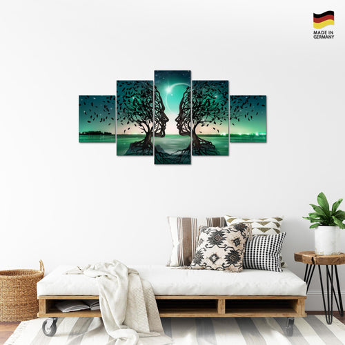 Runa Art Bild Wohnzimmer Schlafzimmer Liebespaar 5 Teilig Abstrakt Baum Türkis Wandbilder auf Vlies Leinwand 044853a