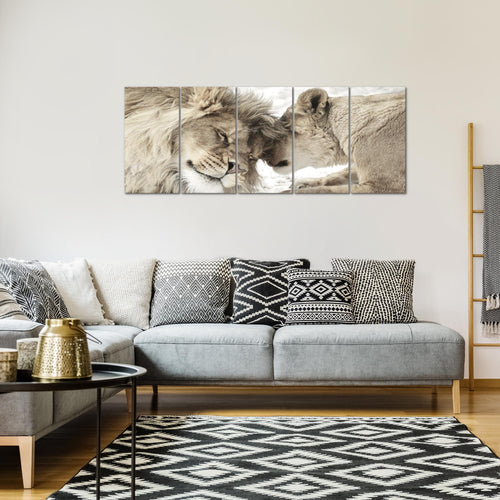 Runa Art Wandbild XXL Löwen Liebe Wohnzimmer Schlafzimmer 200 x 80 cm Beige 5 Teilig - Made in Germany - 002155b