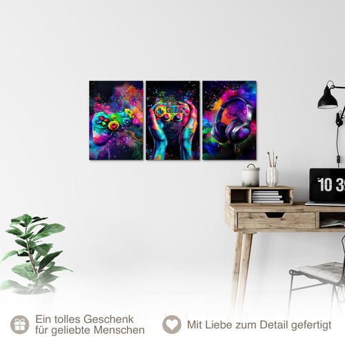 Runa Art - Bilder Gamer 40 x 60 cm - 3 Bilder 3 Teilig Wandbild auf Vlies Leinwand Controller Mehrteilig Modern 055536a