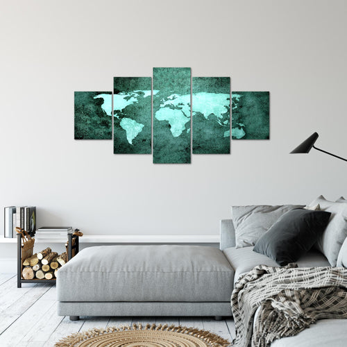 Runa Art Bild Büro Wohnzimmer Weltkarte 5 Teilig Vintage Antik Türkis Wandbilder auf Vlies Leinwand 101753b