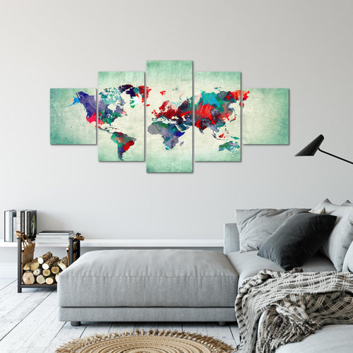 Runa Art - Bilder Weltkarte 200 x 100 cm 5 Teilig XXL Wanddekoration Design Bunt Grün 105151b