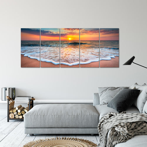 Runa Art Wandbild XXL Strand Meer Wohnzimmer Schlafzimmer 200 x 80 cm Orange 5 Teilig - Made in Germany - 044555a