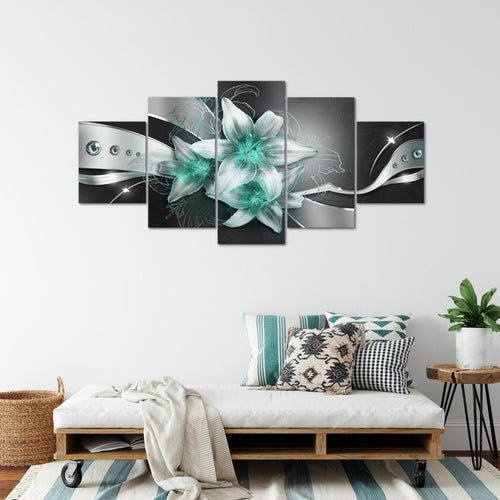 Runa Art - Bilder Blumen Lilien 200 x 100 cm 5 Teilig XXL Wanddekoration Design Schwarz Türkis 039651b