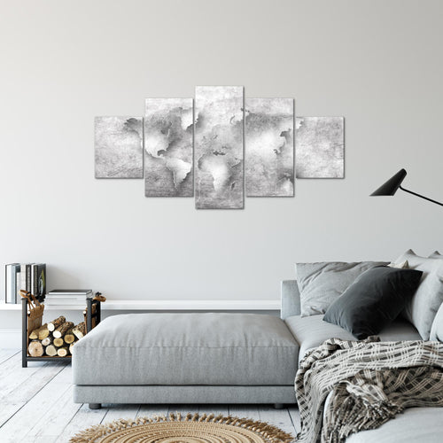 Runa Art Bild Büro Wohnzimmer Weltkarte 5 Teilig Textur beton Grau Wandbilder auf Vlies Leinwand 025753c