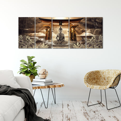 Runa Art Wandbild XXL Feng Shui Buddha Wohnzimmer Schlafzimmer 200 x 80 cm Braun 5 Teilig - Made in Germany - 036455b