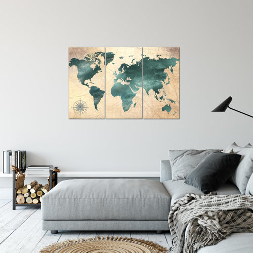Runa Art Wandbilder Weltkarte Bild XXL Büro Wohnzimmer Grün braun Antik 120 x 80 cm 3 Teilig 026031a