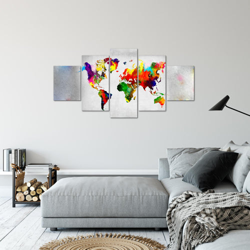 Runa Art Bild Büro Wohnzimmer Weltkarte 5 Teilig Kontinente Beton Bunt Wandbilder auf Vlies Leinwand 108853a