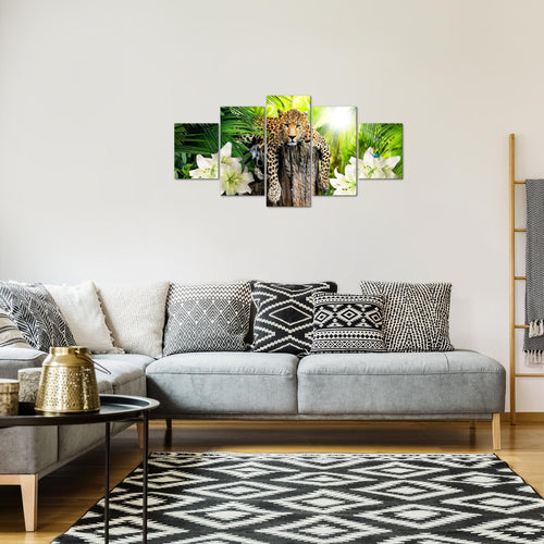 Runa Art Bild Wohnzimmer Schlafzimmer Afrika Leopard 5 Teilig Natur Savanne Grün Wandbilder auf Vlies Leinwand 006753a