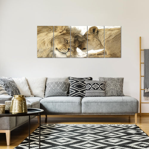 Runa Art Wandbild XXL Löwen Liebe Wohnzimmer Schlafzimmer 200 x 80 cm Beige 5 Teilig - Made in Germany - 002155a