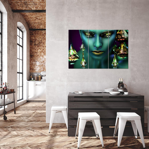 Runa Art Wandbilder Frau Gesicht Lippen Bild XXL Wohnzimmer Schlafzimmer Türkis Gold Kosmetik Fashion 120 x 80 cm 3 Teilig 042131a