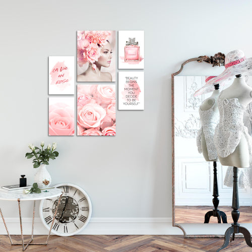 Novart Wandbilder Set Fashion Rosa - KEIN EXTRA RAHMEN BENÖTIGT -  Modern Deko  - Wohnzimmer Mädchen Teenager N008563a