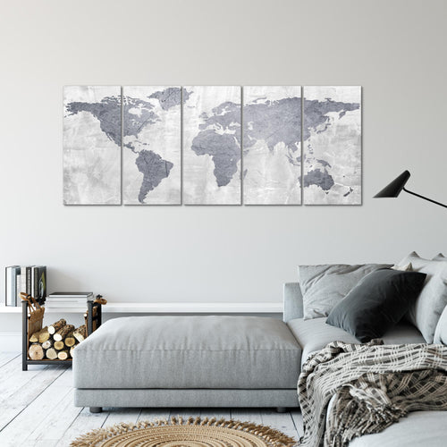 Runa Art Wandbild XXL Weltkarte Büro Wohnzimmer 200 x 80 cm Grau 5 Teilig - Made in Germany - 104355c