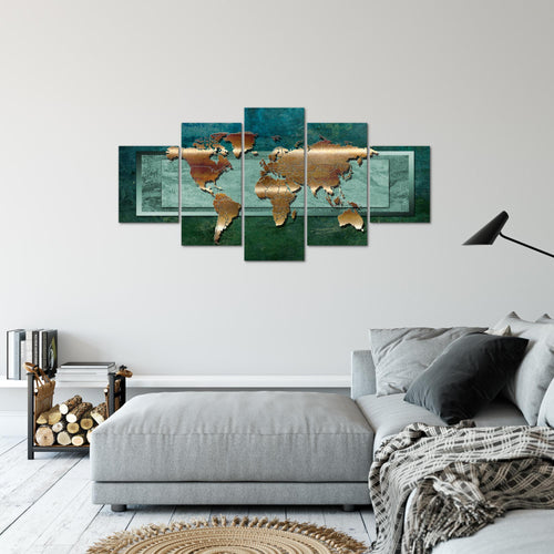 Runa Art Bild Büro Wohnzimmer Weltkarte 5 Teilig Landkarte metall Grün Wandbilder auf Vlies Leinwand 106753b
