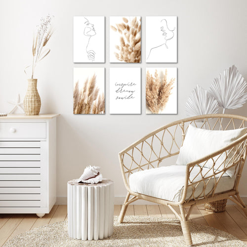 Novart Wandbilder Set Boho Pampasgras - KOMPLETT AUFHÄNGFERTIG - Made in Germany - Moderne Bilder  Wohnzimmer Schlafzimmer - N012464a