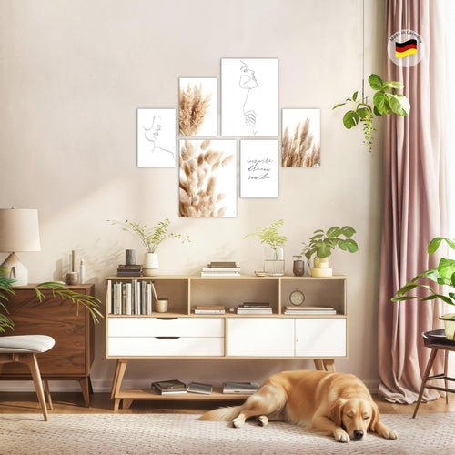 Novart Wandbilder Set Boho Pampasgras Line Art - KEIN EXTRA RAHMEN BENÖTIGT -  Modern Deko  - Wohnzimmer Schlafzimmer N012463a