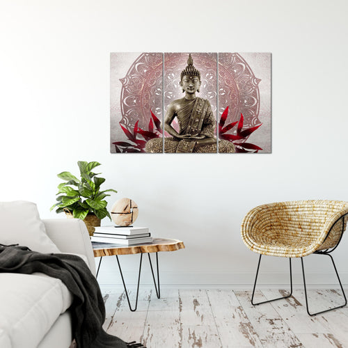 Runa Art Wandbilder Buddha Bild XXL Wohnzimmer Schlafzimmer Grau Rot Orientalisch 120 x 80 cm 3 Teilig 031231a