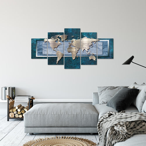 Runa Art Bild Büro Wohnzimmer Weltkarte 5 Teilig Kontinente Metall Blau Wandbilder auf Vlies Leinwand 106753c
