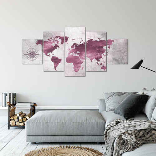 Runa Art - Bilder Weltkarte 200 x 100 cm 5 Teilig XXL Wanddekoration Design Pink 026051b