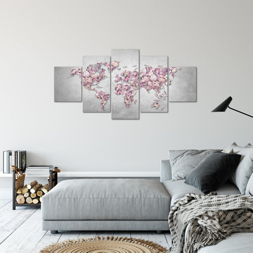 Runa Art Bild Wohnzimmer Schlafzimmer Weltkarte Blumen 5 Teilig Steinwand Grau Rosa Wandbilder auf Vlies Leinwand 023253a