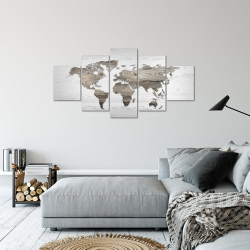 Runa Art Bild Büro Wohnzimmer Weltkarte 5 Teilig Holzwand Schwarz Weiss Wandbilder auf Vlies Leinwand 035053c