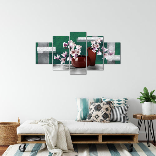 Runa Art Bild Wohnzimmer Schlafzimmer Blumen Abstrakt 5 Teilig Blumenvase Türkis Grau Wandbilder auf Vlies Leinwand 035253b